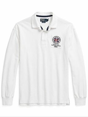 Ralph Lauren Men Vintage Naval Patch Polo Shirt White Long Sleeve Custom Fit L
